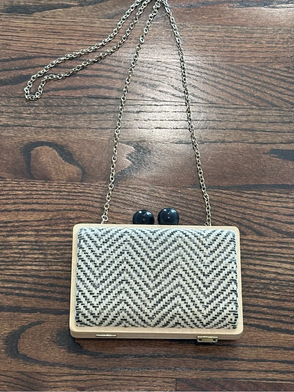Chevron Woven Box Clutch in Black and Cream with Gold Chain